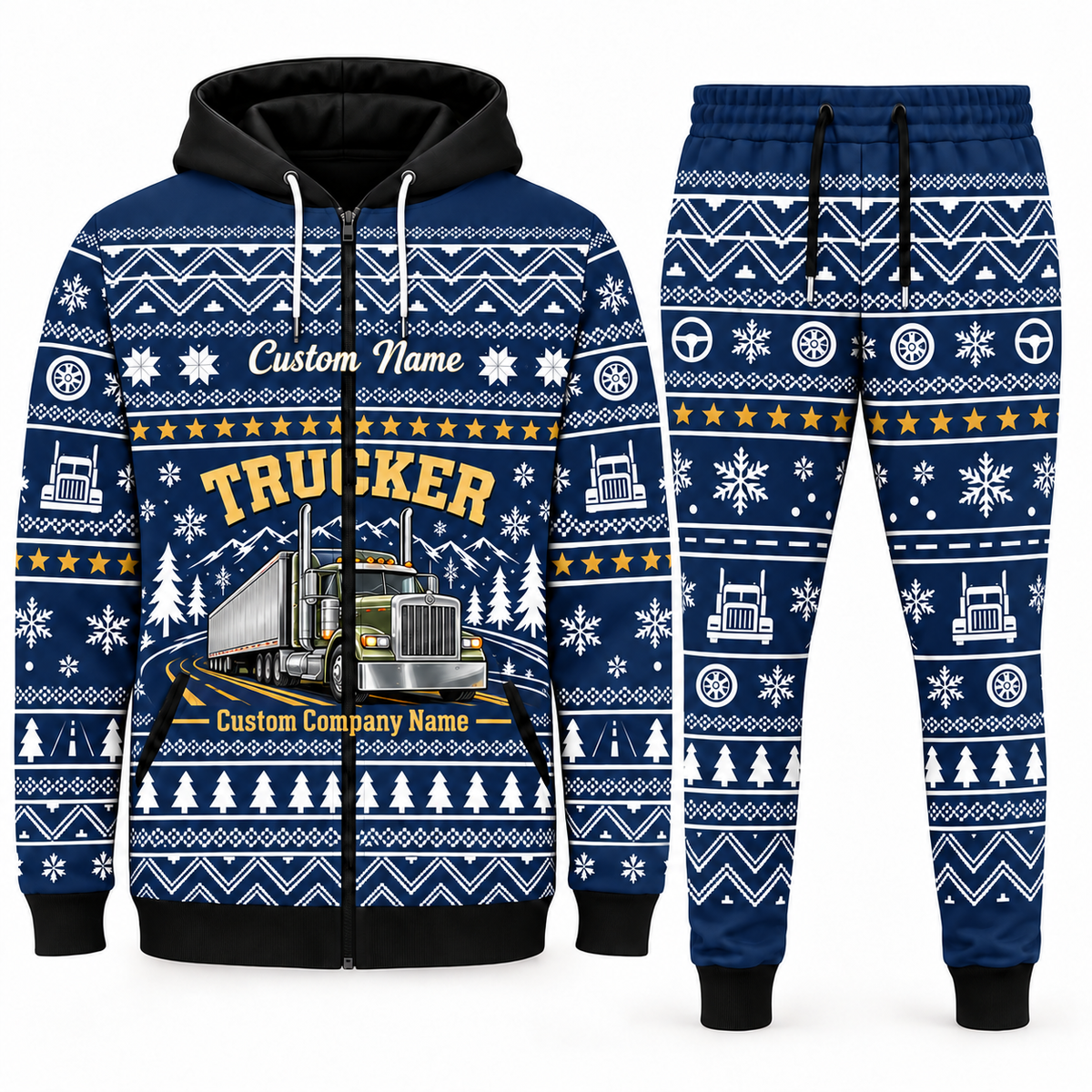 trucker navy Winter Snowflake full-zip hoodie and jogger combo with Custom Name and Custom Company Name