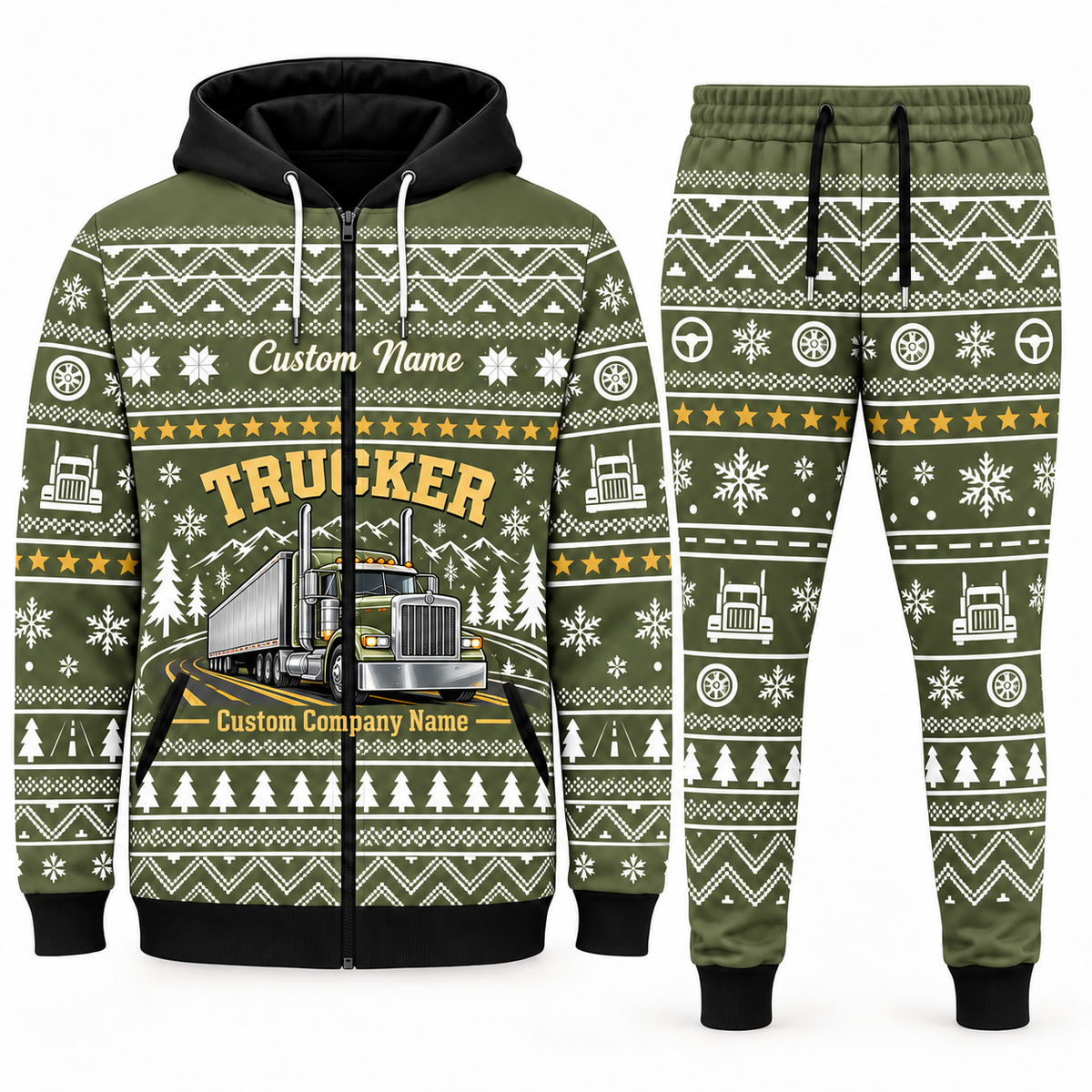 trucker olive Winter Snowflake full-zip hoodie and jogger combo with Custom Name and Custom Company Name