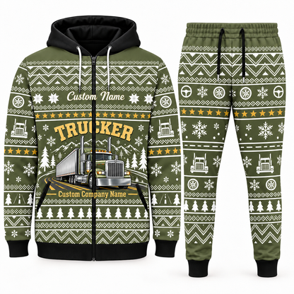 trucker olive Winter Snowflake full-zip hoodie and jogger combo with Custom Name and Custom Company Name
