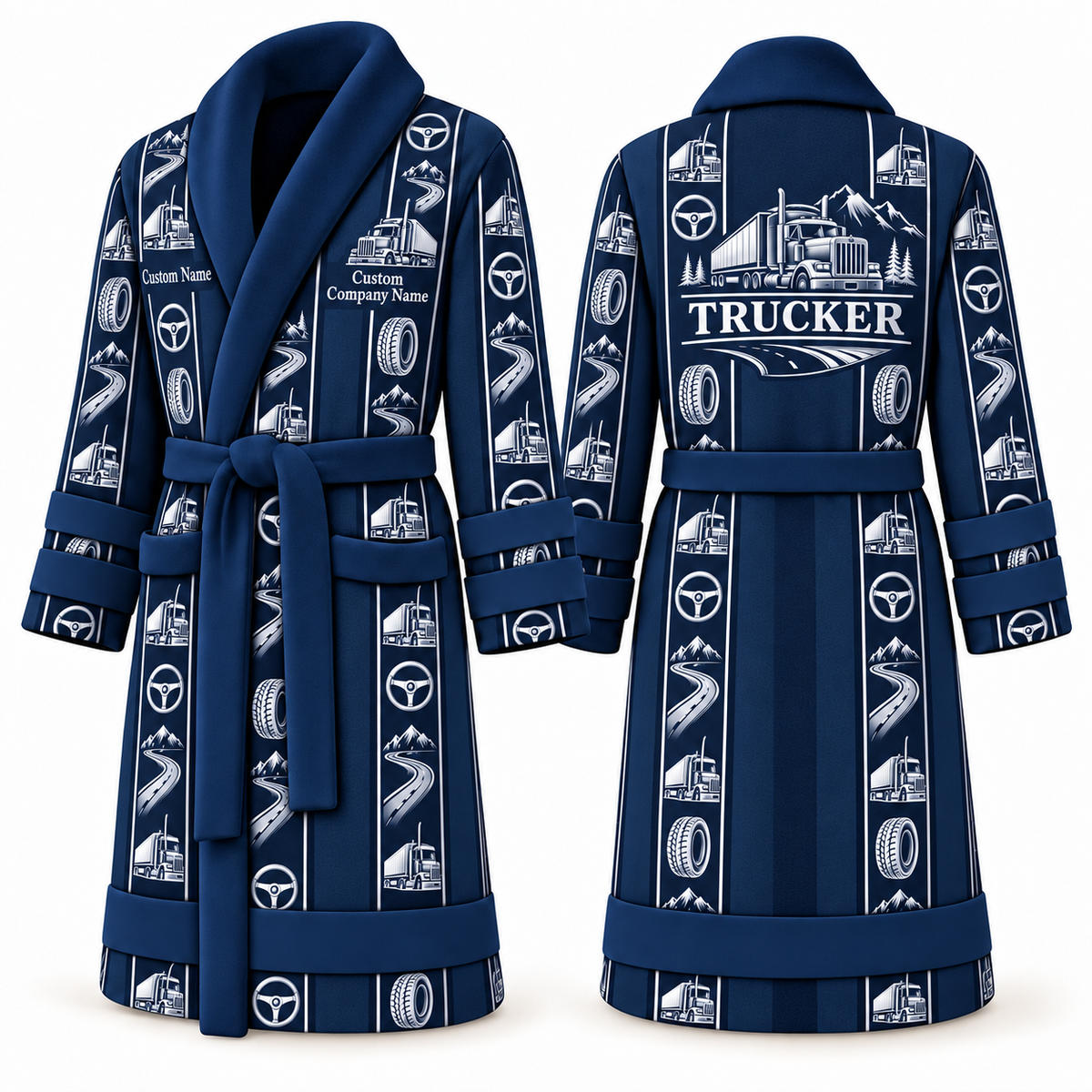 Personalized Trucker Bathrobe - Workbench Stripes blue front and back view