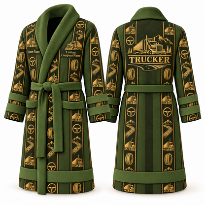 Personalized Trucker Bathrobe - Workbench Stripes olive front and back view