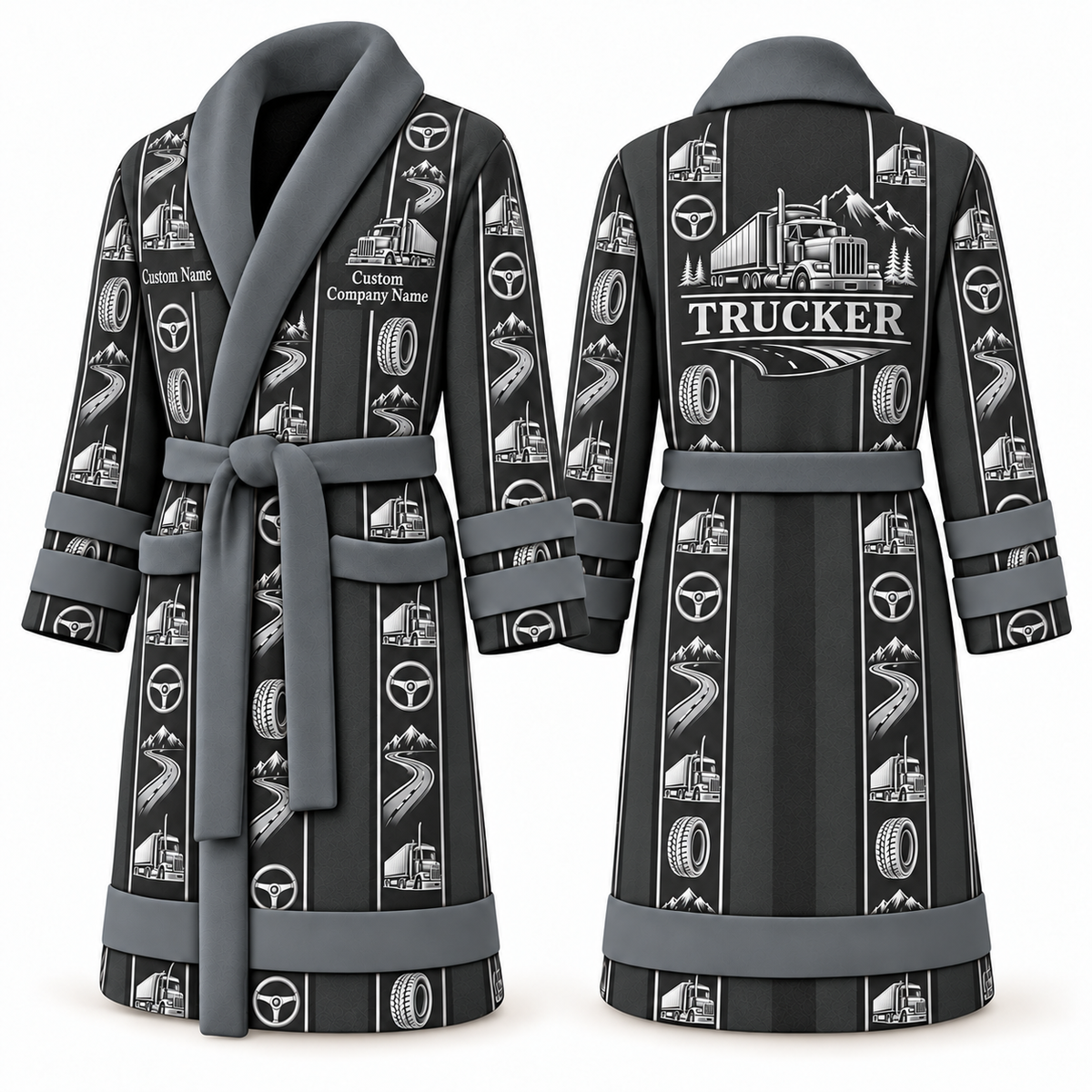 Personalized Trucker Bathrobe - Workbench Stripes slate front and back view