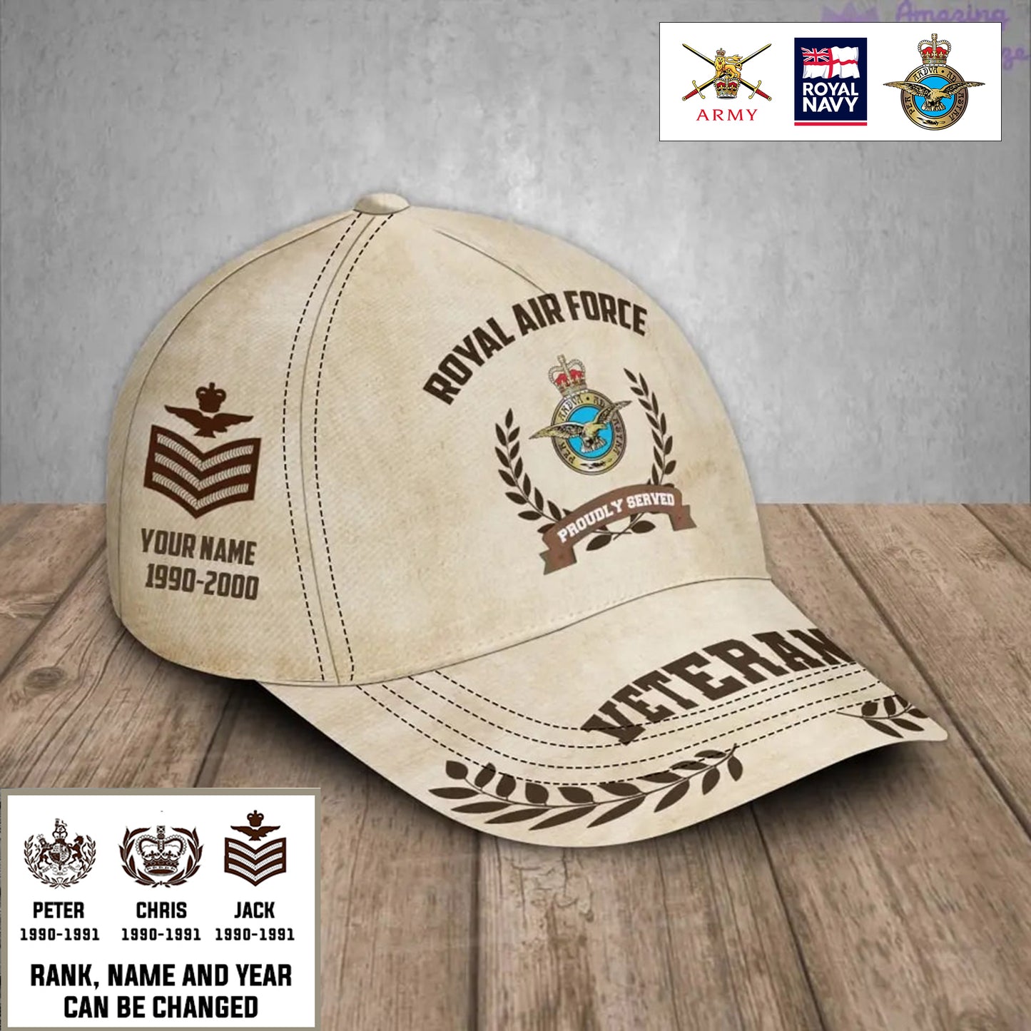 Baseballkappe für britische Soldaten/Veteranen mit personalisiertem Rang, Jahr und Namen – 1721260803