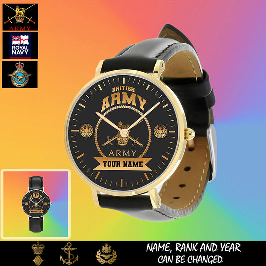 Personalized UK Soldier/ Veteran With Name, Rank and Black Stitched Leather Watch - 17424288 - Gold Version