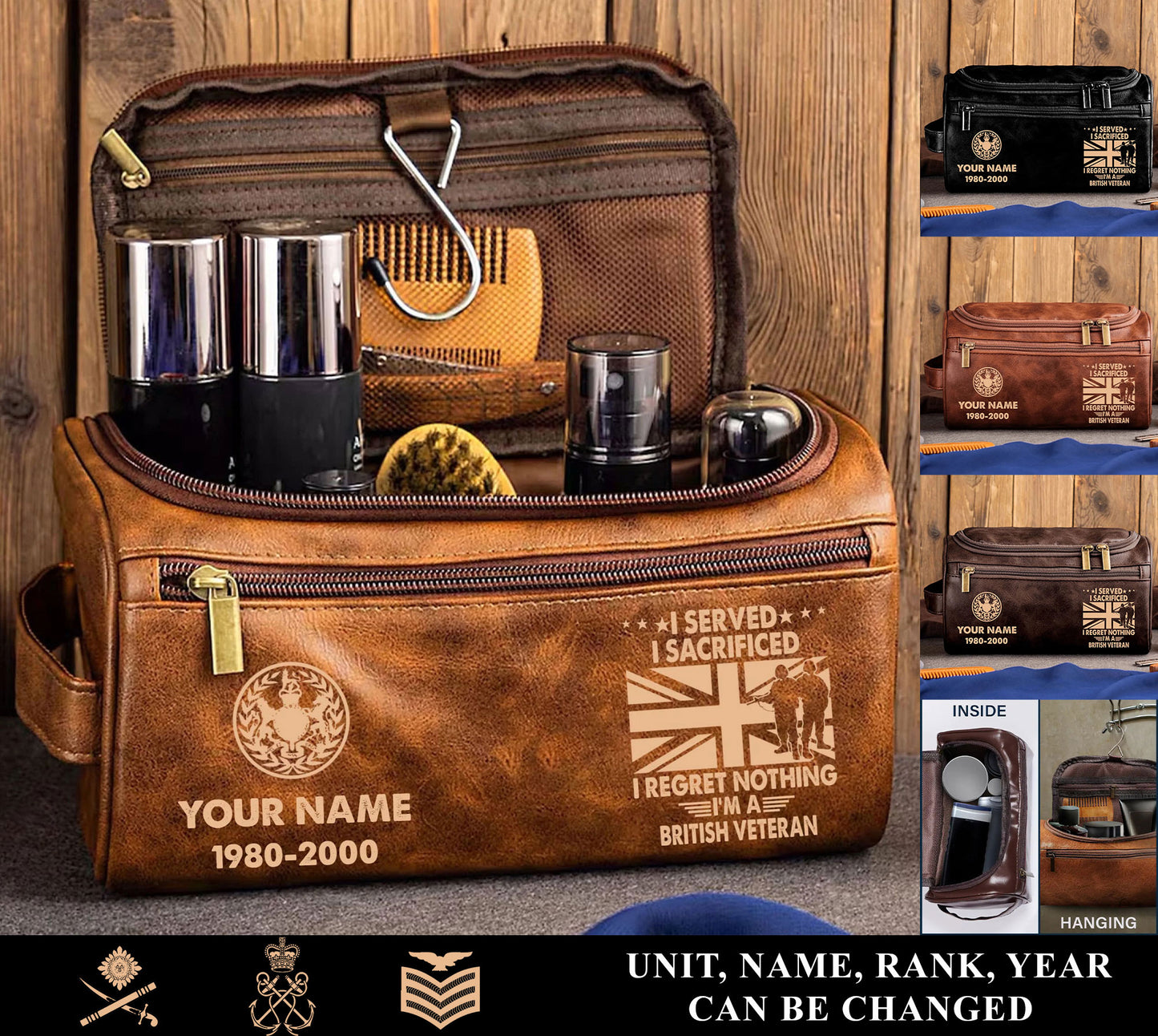 Personalized UK Soldier/ Veteran With Name And Rank Leather Toiletry Bag - 17591040
