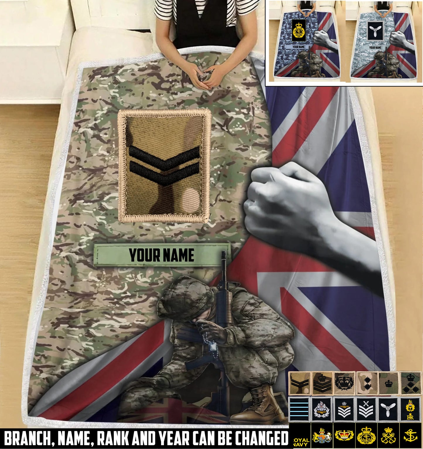 Personalized UK Soldier/ Veteran With Rank And  Name Fleece Blanket 3D Printed - 17542656
