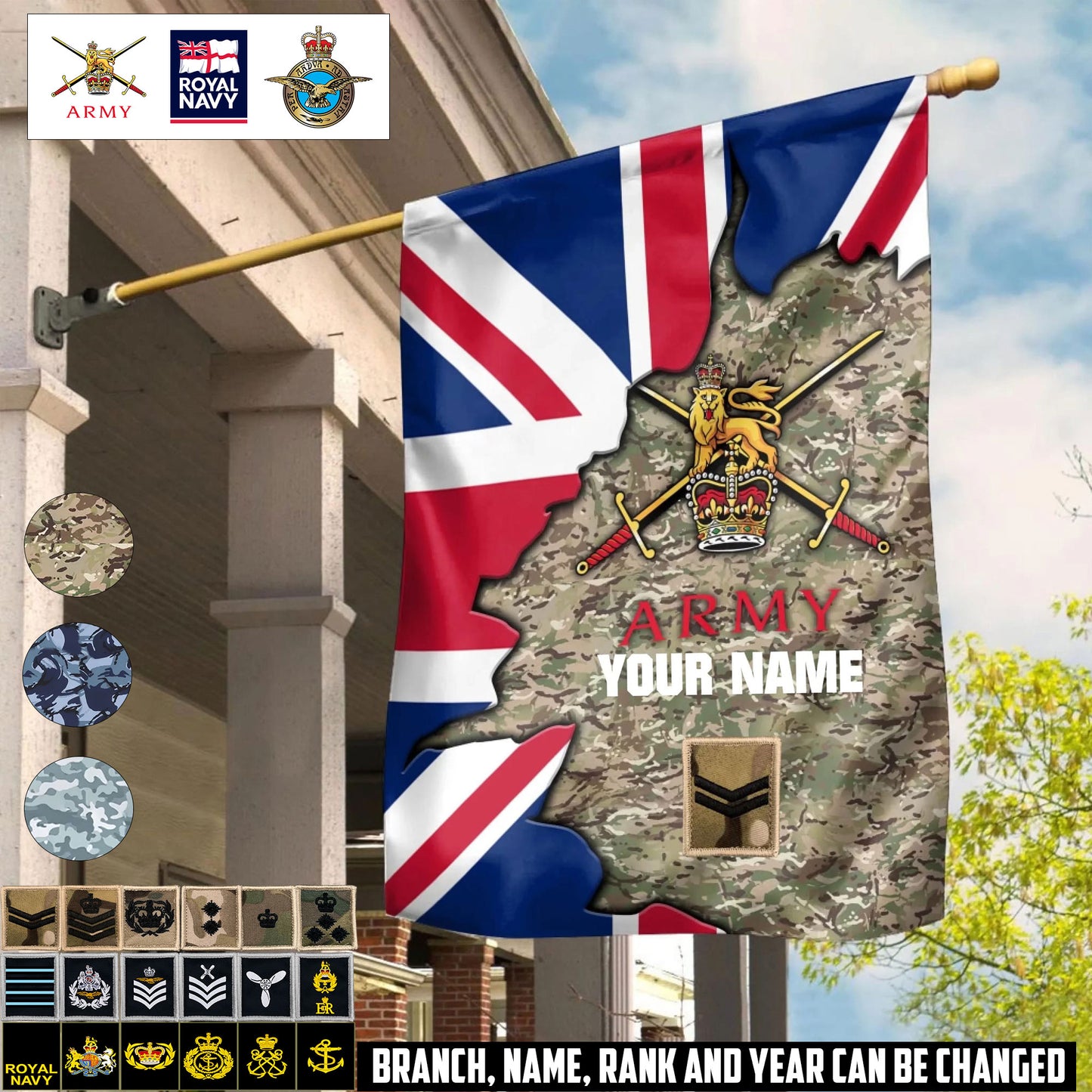 Personalized UK Solider/ Veteran Camo With Name & Rank House Flag 3D Printed - 1759536002
