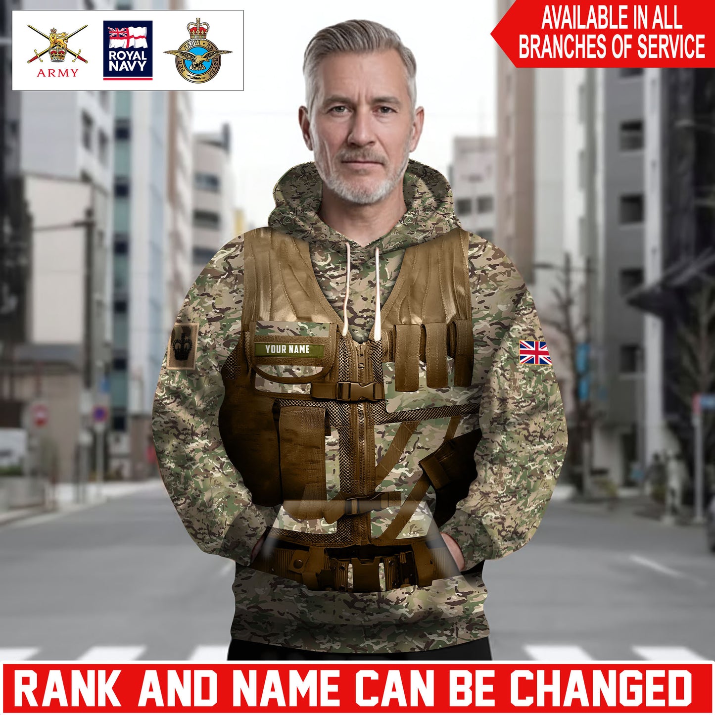 Personalized UK Soldier/Veteran Camo with Name and Rank Hoodie Sweater All Over Printed - 17625600