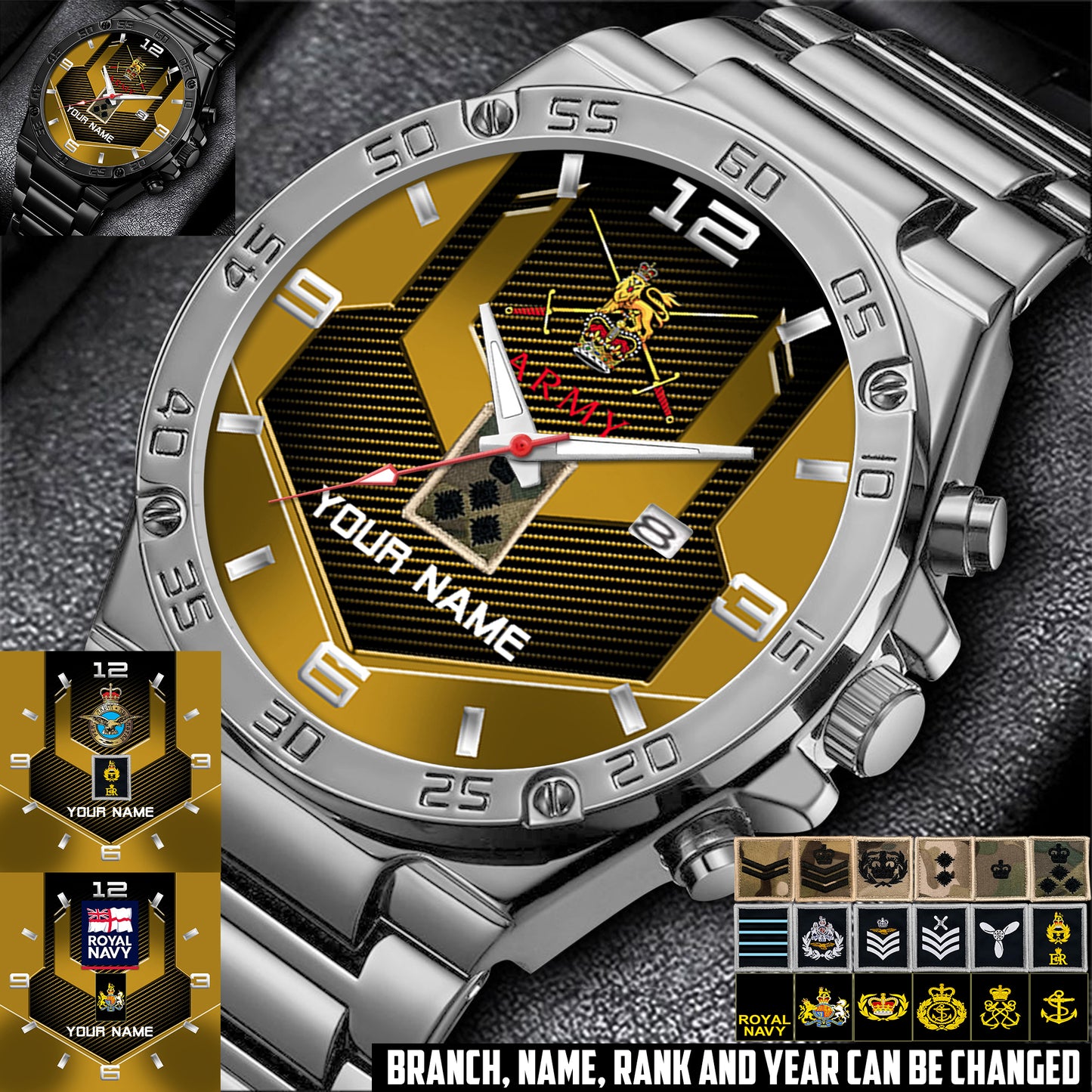 Personalized UK Soldier/ Veteran With Name And Rank Gentleman Stainless Steel Watch - 17485632