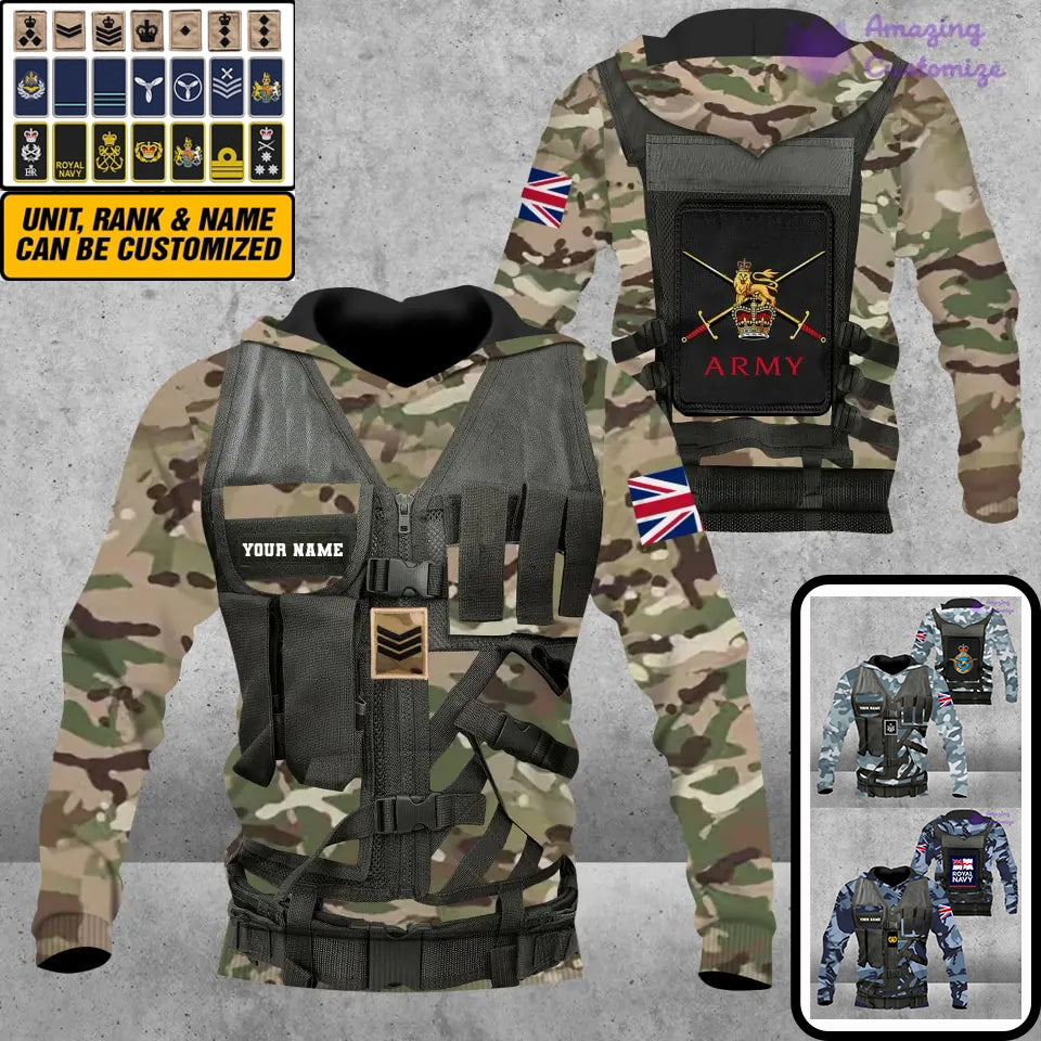 Personalisierter Kapuzenpullover mit Camouflage-Muster für britische Soldaten/Veteranen mit Namen und Rang, 3D-Druck – 1101240001
