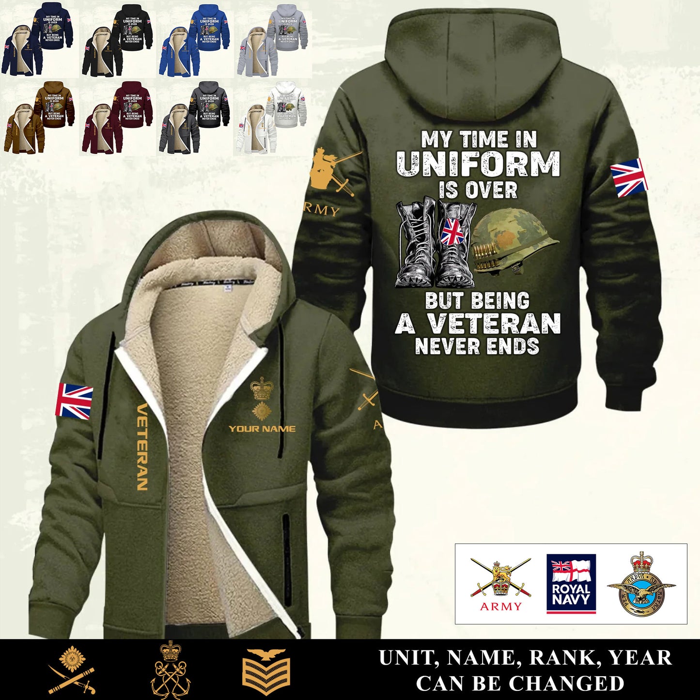 Personalized UK Soldier/ Veteran With Name And Rank Hoodie Zip Velvet Coat - 17551296