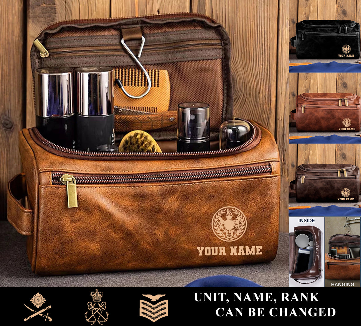 Personalized UK Soldier/ Veteran With Name And Rank Leather Toiletry Bag - 17555616