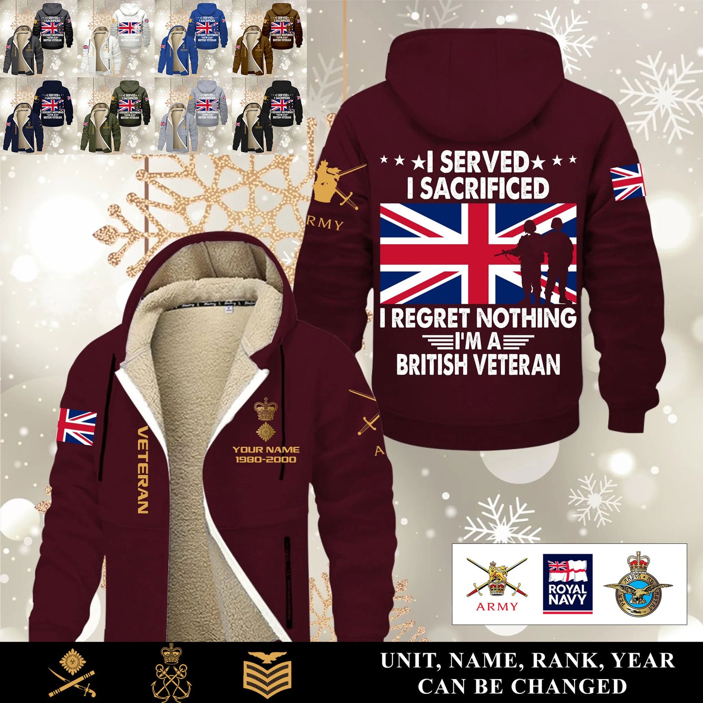 Personalized UK Soldier/ Veteran With Name, Year And Rank Hoodie Zip Velvet Coat - 17570304