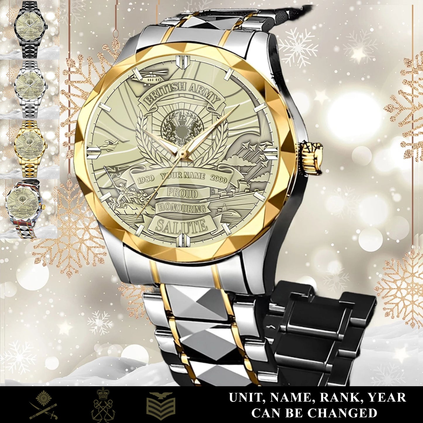 Personalized UK Soldier/Veteran with Name, Year and Rank Diamond-Cut Bezel Watch - 17651520