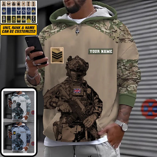 Personalized UK Soldier/ Veteran Camo With Name And Rank Hoodie 3D Printed -0512230001