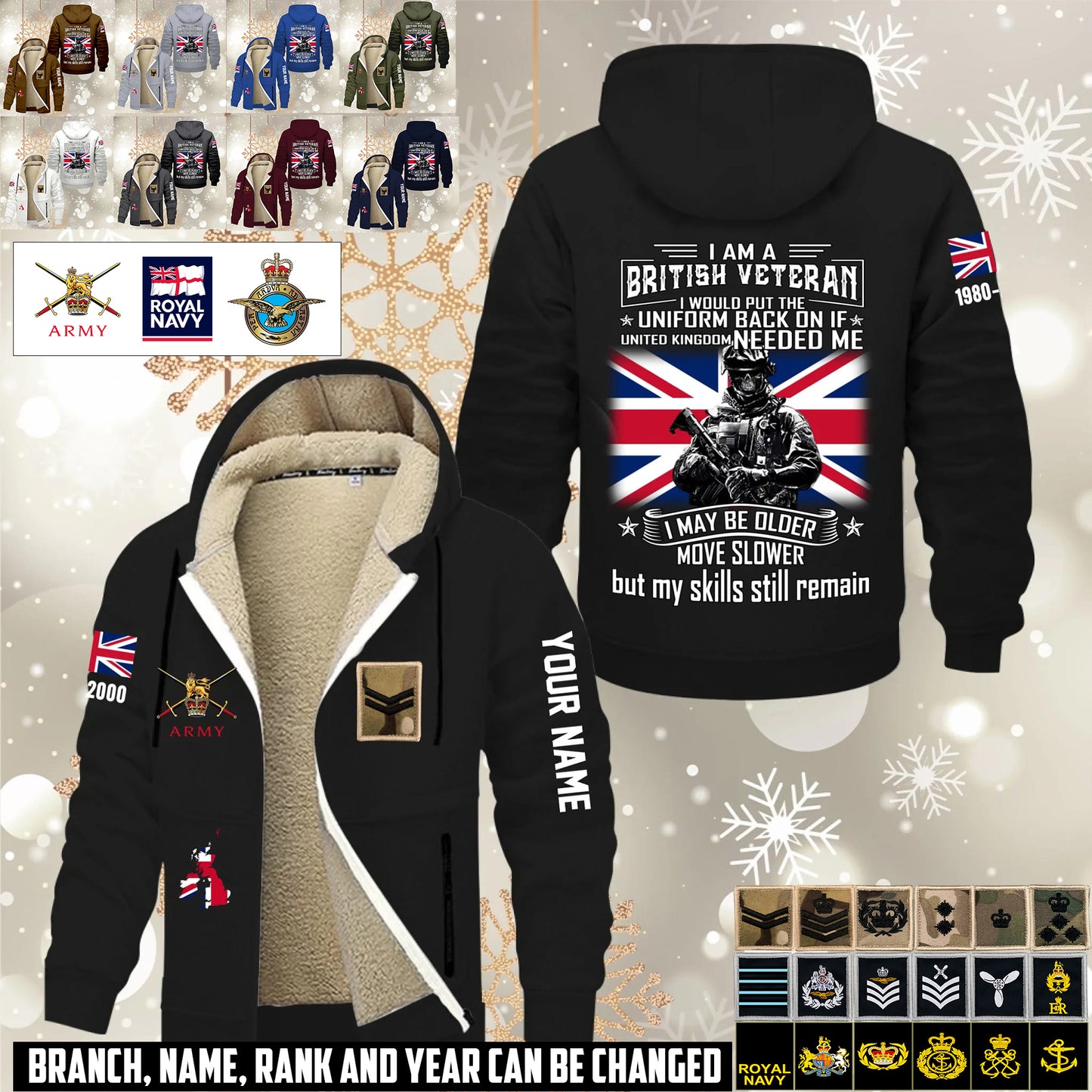Personalized UK Soldier/ Veteran With Name, Year And Rank Hoodie Zip Velvet Coat - 1765929600