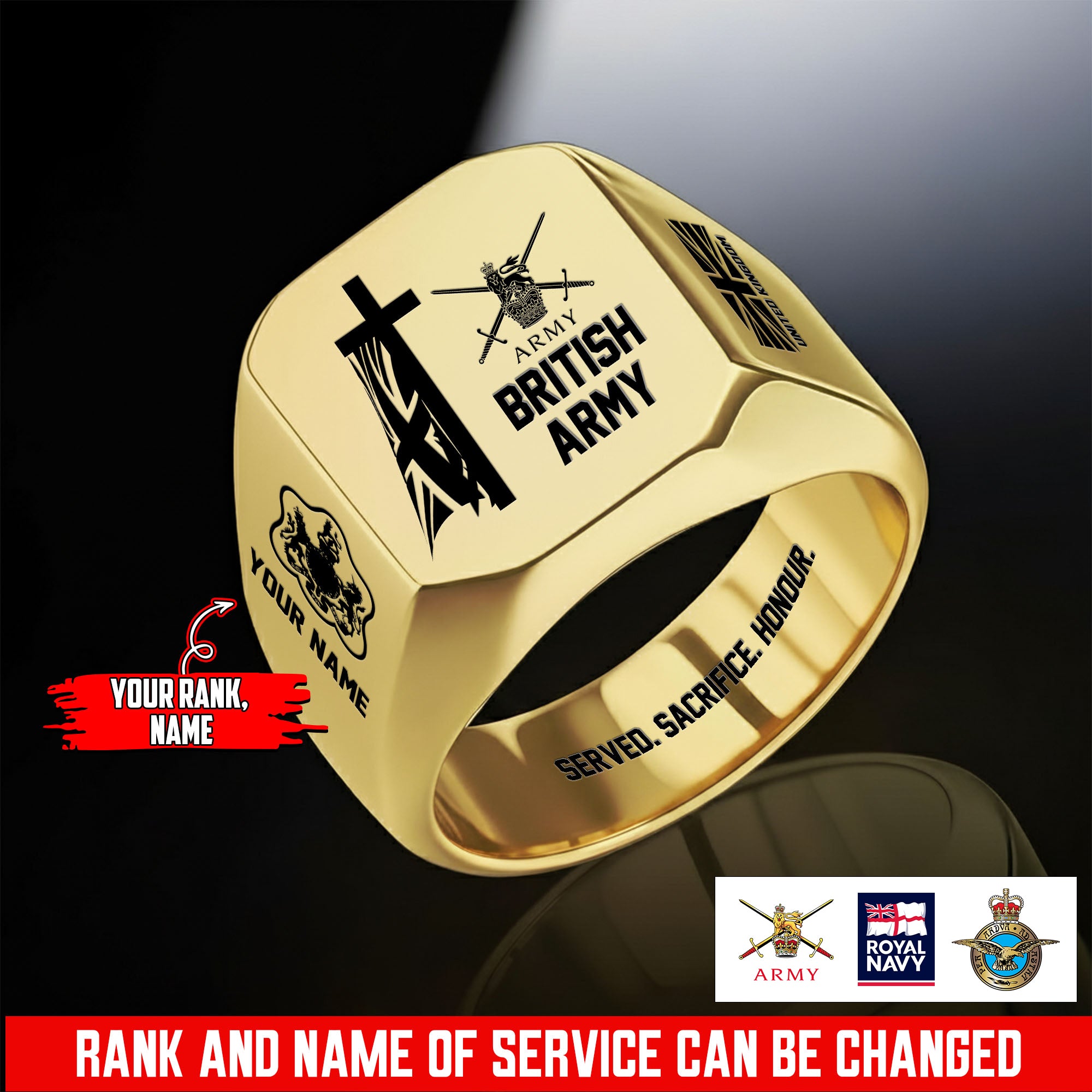 Personalized UK Soldier/Veteran with Name and Rank Engraved Men’s Ring ...