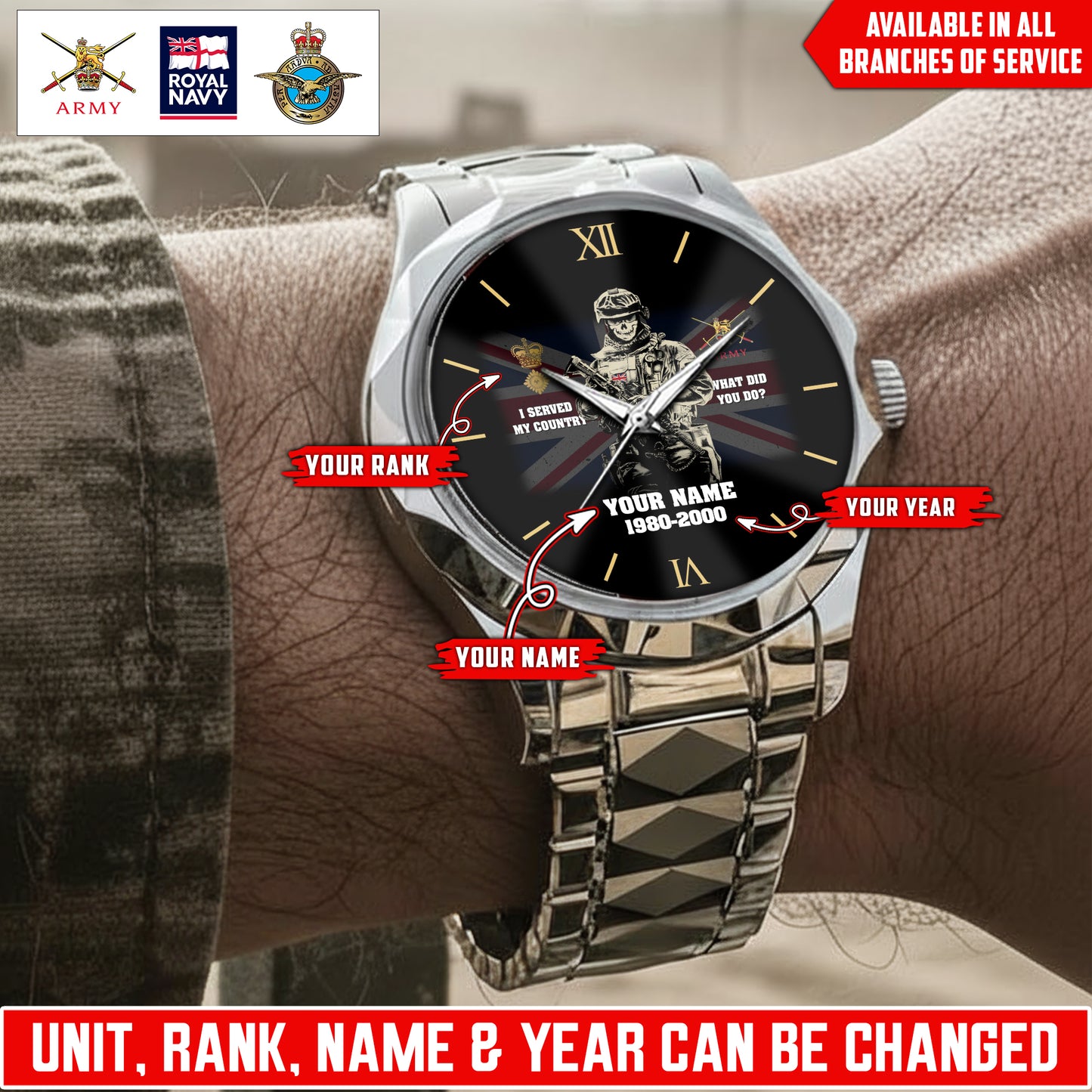 Personalized UK Soldier/Veteran with Name, Year and Rank Diamond-Cut Bezel Watch - 17623872