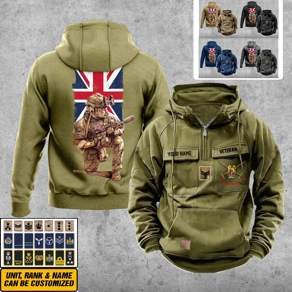 Personalisierter Vintage-Kapuzenpullover mit britischem Soldaten-/Veteranen-Print – 21062402QA