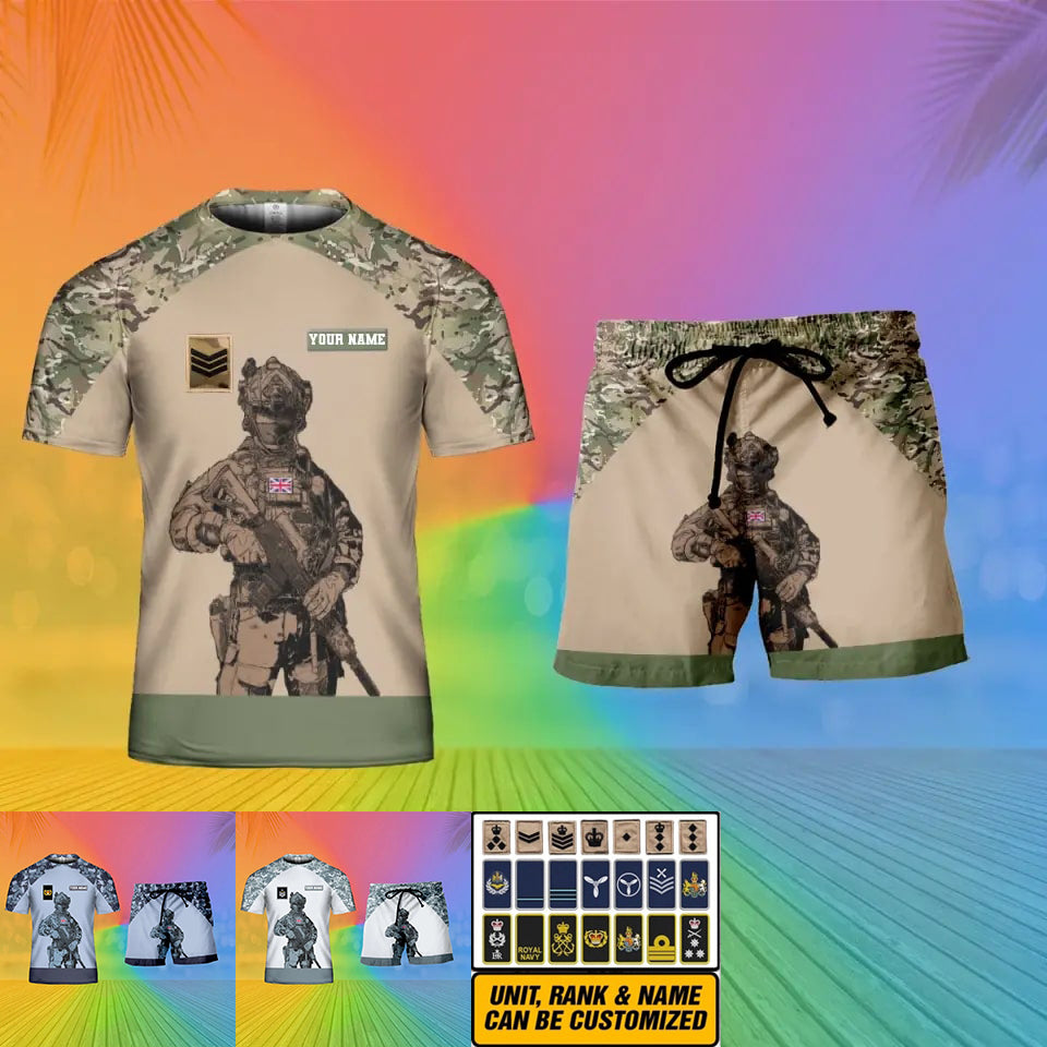 Personalized UK Soldier/ Veteran Camo With Name And Rank Combo T-Shirt + Short 3D Printed  - 17104608