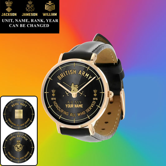 Personalized UK Soldier/ Veteran With Name, Rank and Year Black Stitched Leather Watch - 26042401QA - Gold Version