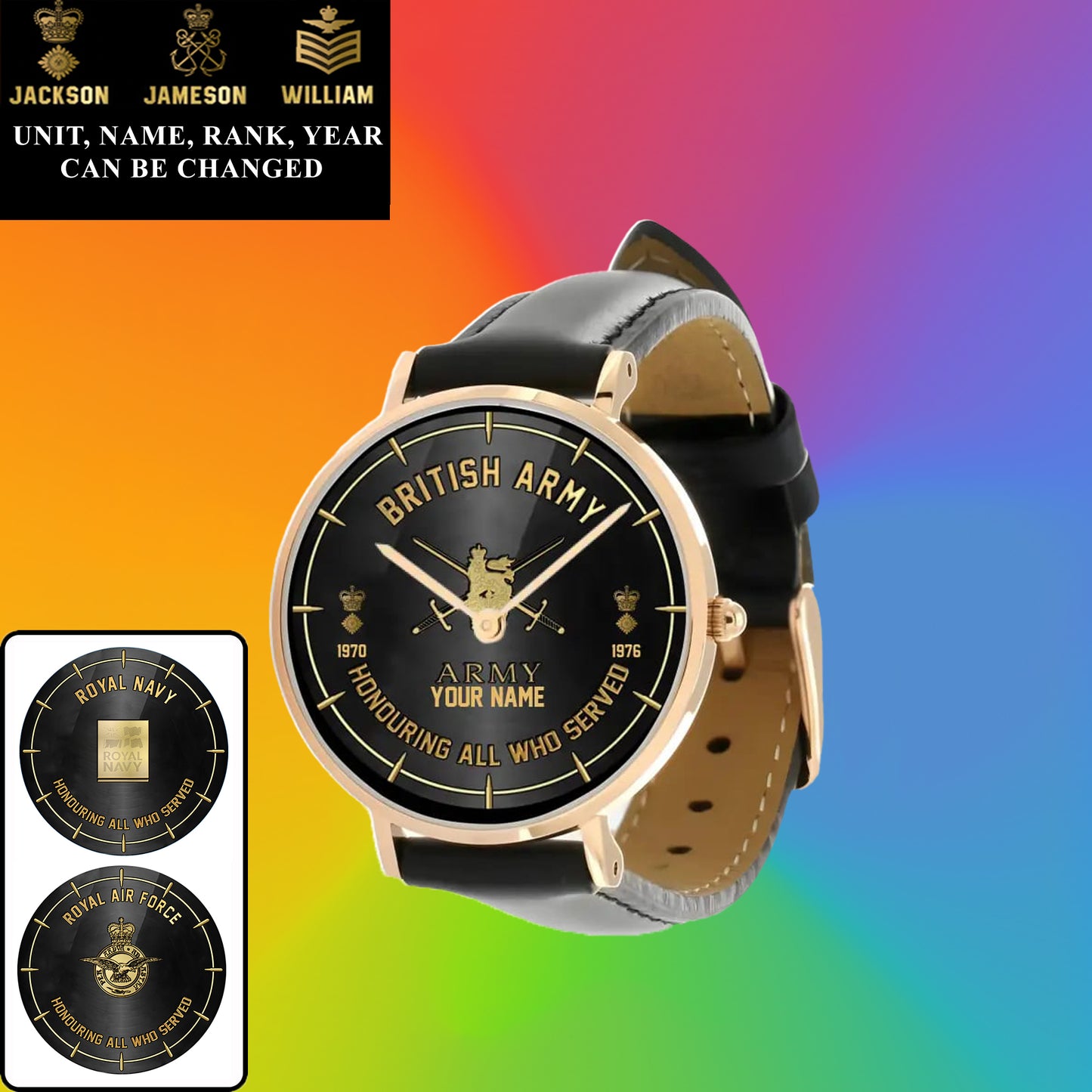 Montre personnalisée en cuir noir cousu pour soldat/vétéran britannique avec nom, grade et année - 26042401QA - Version dorée