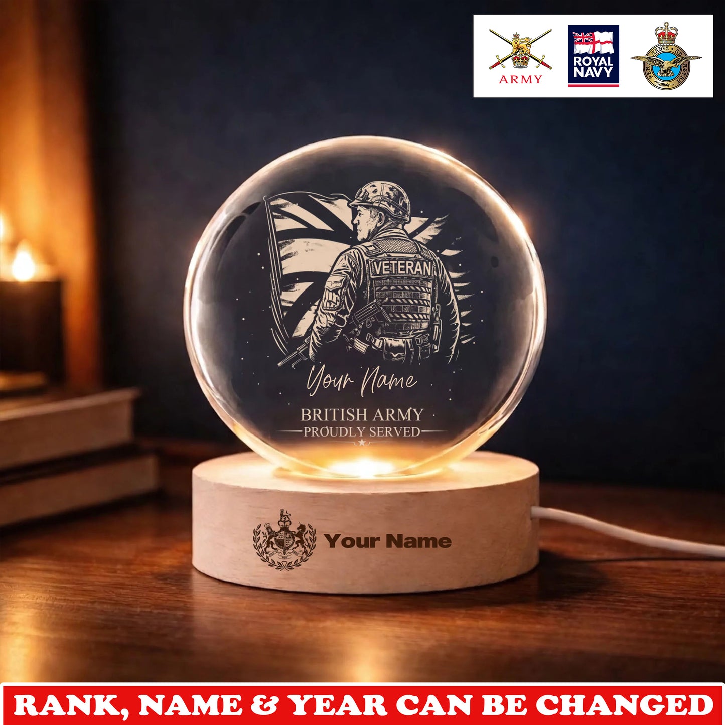 Personalized UK Veteran/ Soldier With Rank, Year And Name Crystal Ball Night Light - 1775692801