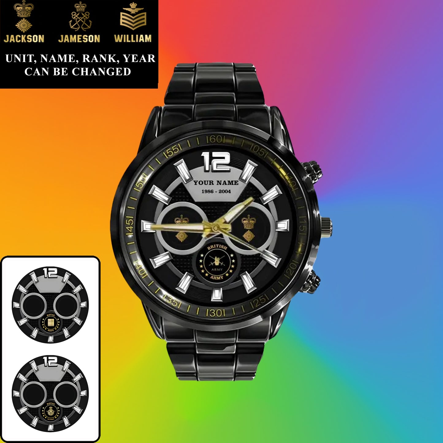 Personalized UK Soldier/ Veteran With Name, Rank and Year Black Stainless Steel Watch - 17141760 - Gold Version
