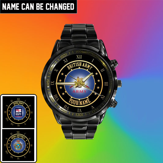 Personalized UK Soldier/ Veteran With Name Black Stainless Steel Watch - 05042401QA - Gold Version