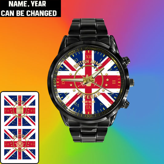 Personalized UK Soldier/ Veteran With Name And Rank Black Stainless Steel Watch - 0204240001 - Gold Version