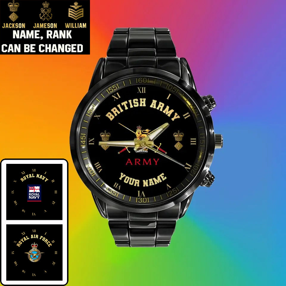 Personalized UK Soldier/ Veteran With Name And Rank Black Stainless Steel Watch - 17098560 - Gold Version