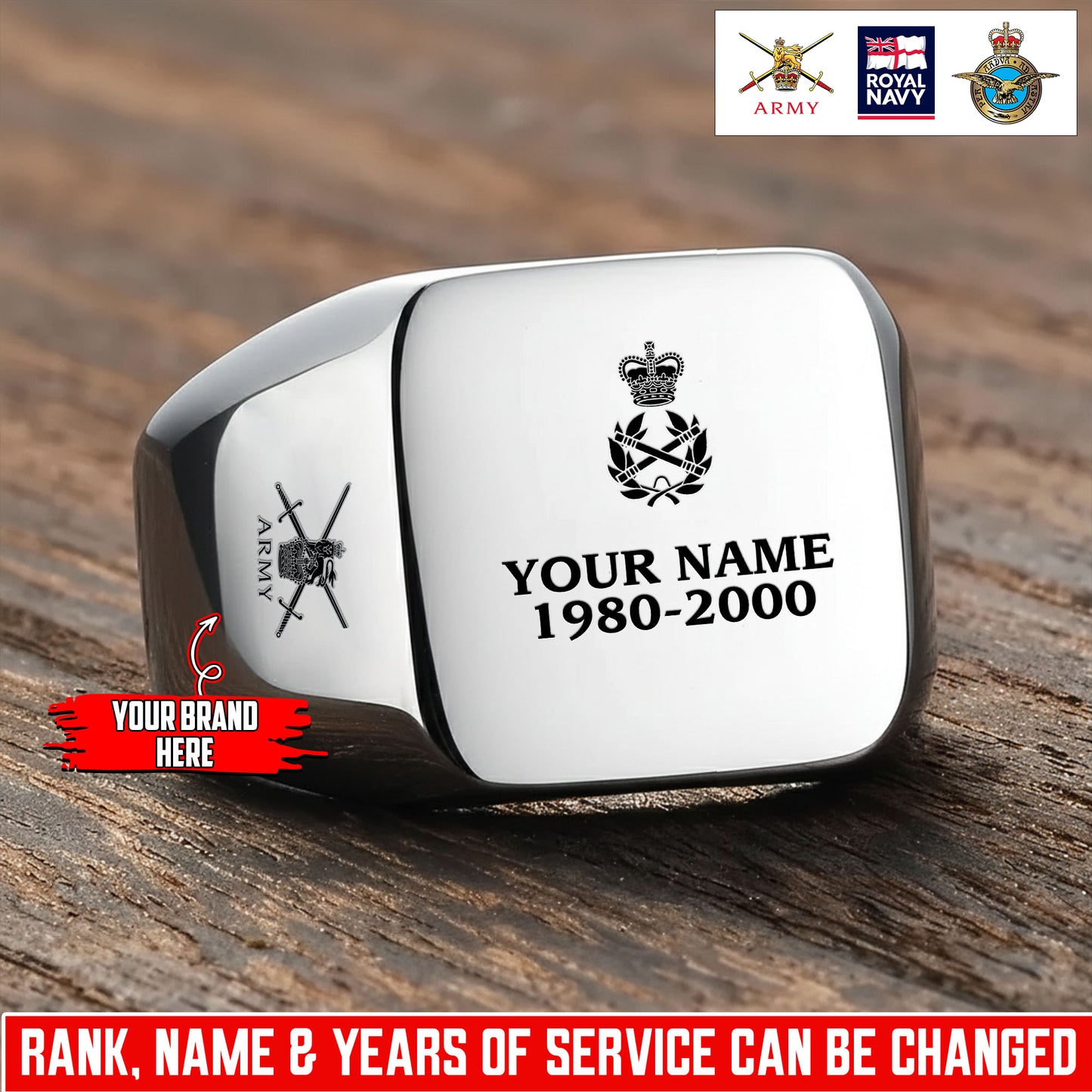 Personalized UK Soldier/Veteran with Name, Year and Rank Engraved Men’s Ring - 17631648