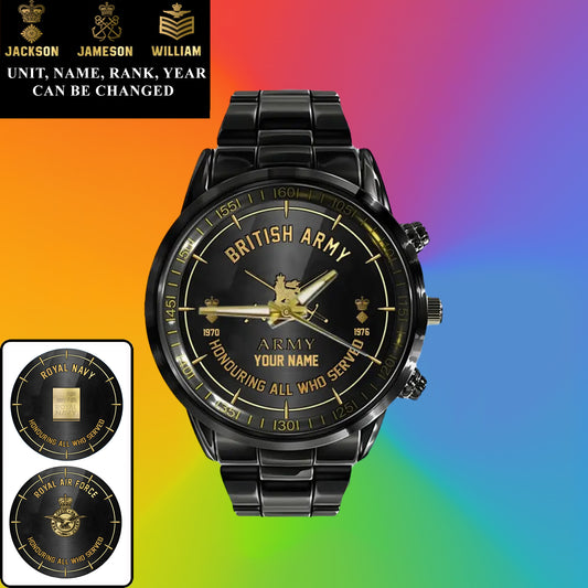 Personalized UK Soldier/ Veteran With Name, Rank and Year Black Stainless Steel Watch - 26042401QA - Gold Version