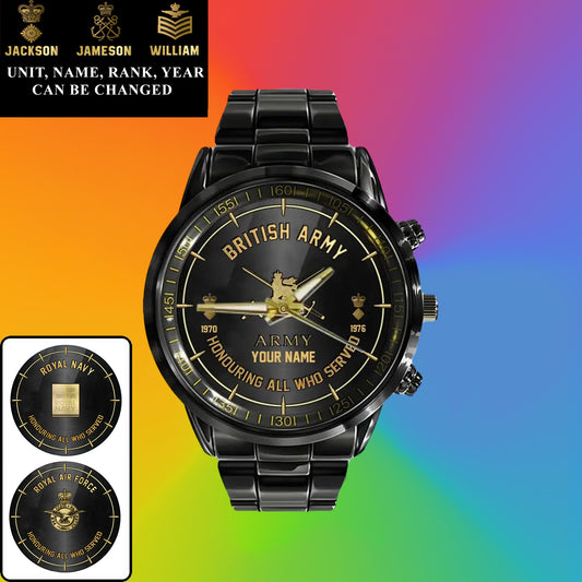 Montre personnalisée en acier inoxydable noir pour soldat/vétéran britannique avec nom, grade et année - 26042401QA - Version dorée