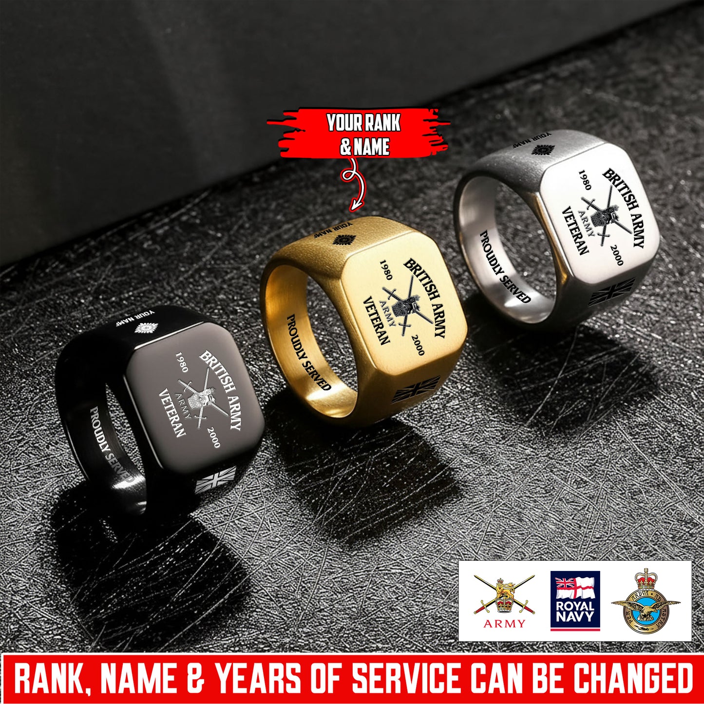 Personalized UK Soldier/Veteran with Name, Year and Rank Engraved Men’s Ring - 1763424001