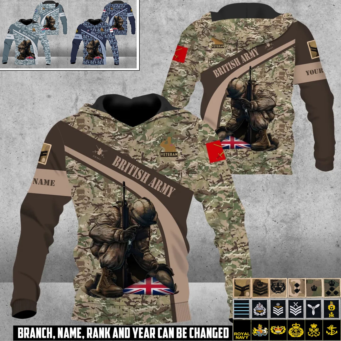 Personalized UK Soldier/Veteran Camo with Name and Rank Hoodie All Over Printed - 17416512