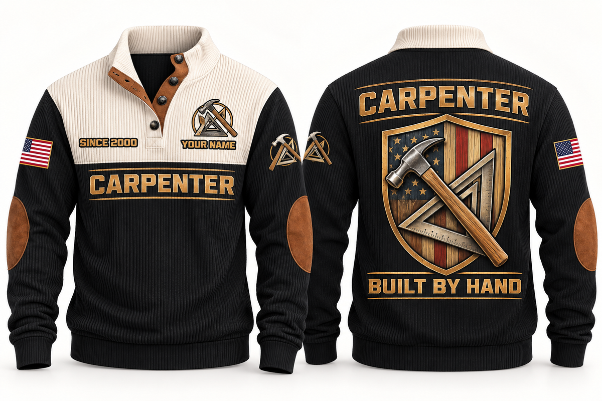 Carpenter Built by Hand Sports Sweatshirt in Black, front and back