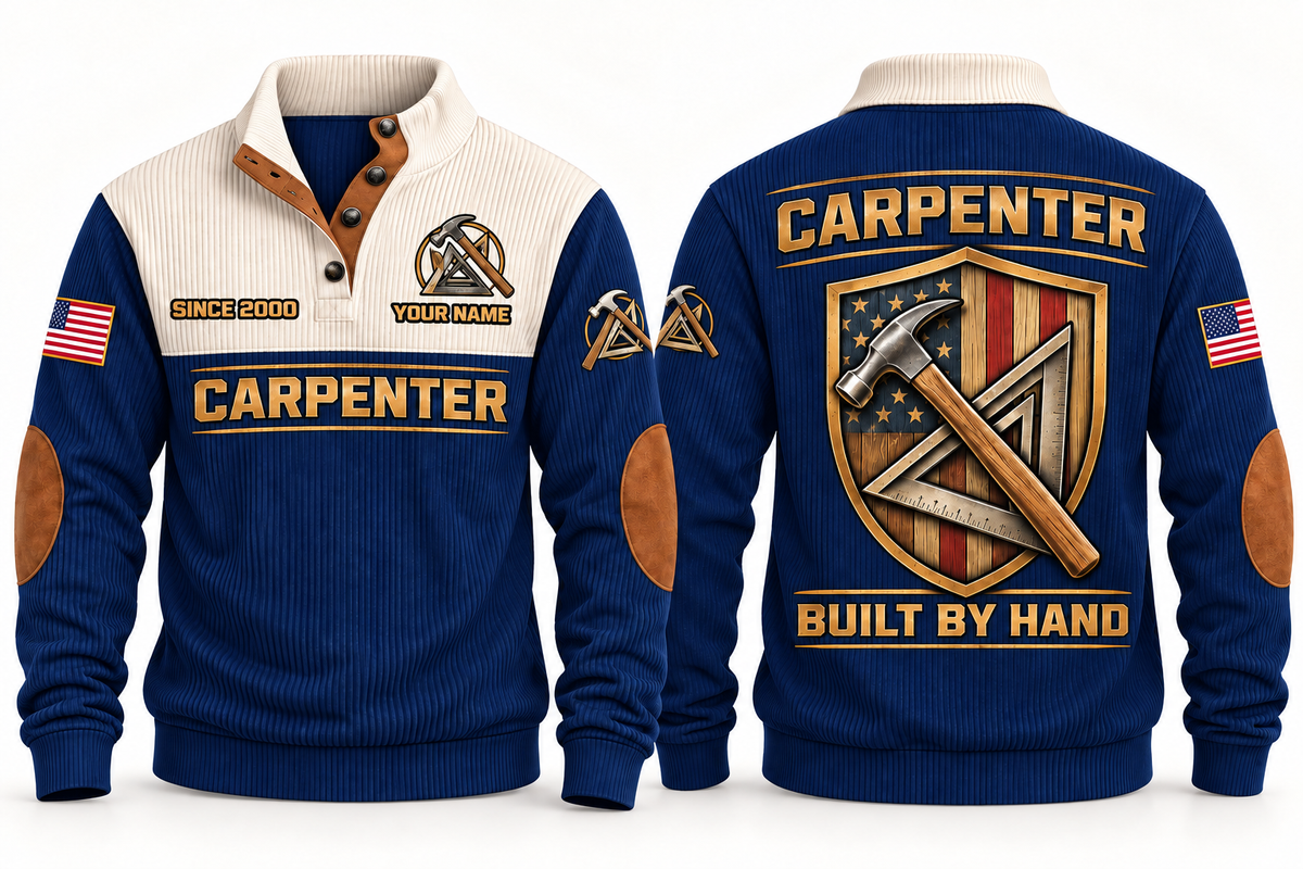 Carpenter Built by Hand Sports Sweatshirt in Navy, front and back