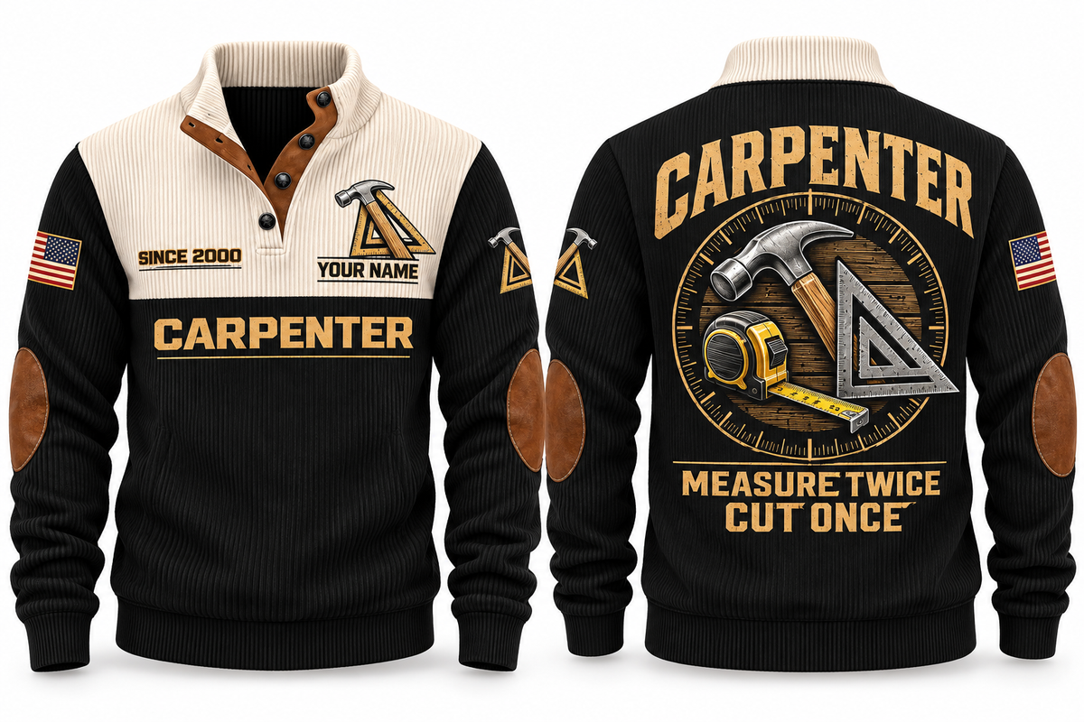 Carpenter Measure Twice Sports Sweatshirt in Black, front and back