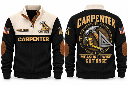 Carpenter Measure Twice Sports Sweatshirt in Black, front and back