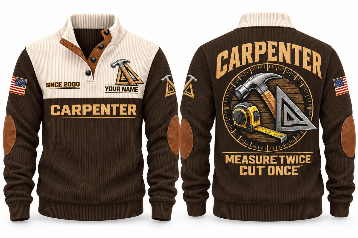 Carpenter Measure Twice Sports Sweatshirt in Brown, front and back