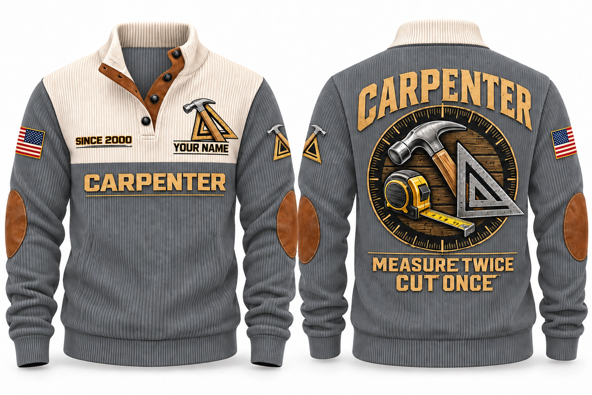 Carpenter Measure Twice Sports Sweatshirt in Grey, front and back