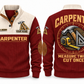 Carpenter Measure Twice Sports Sweatshirt in Jujube Red, front and back
