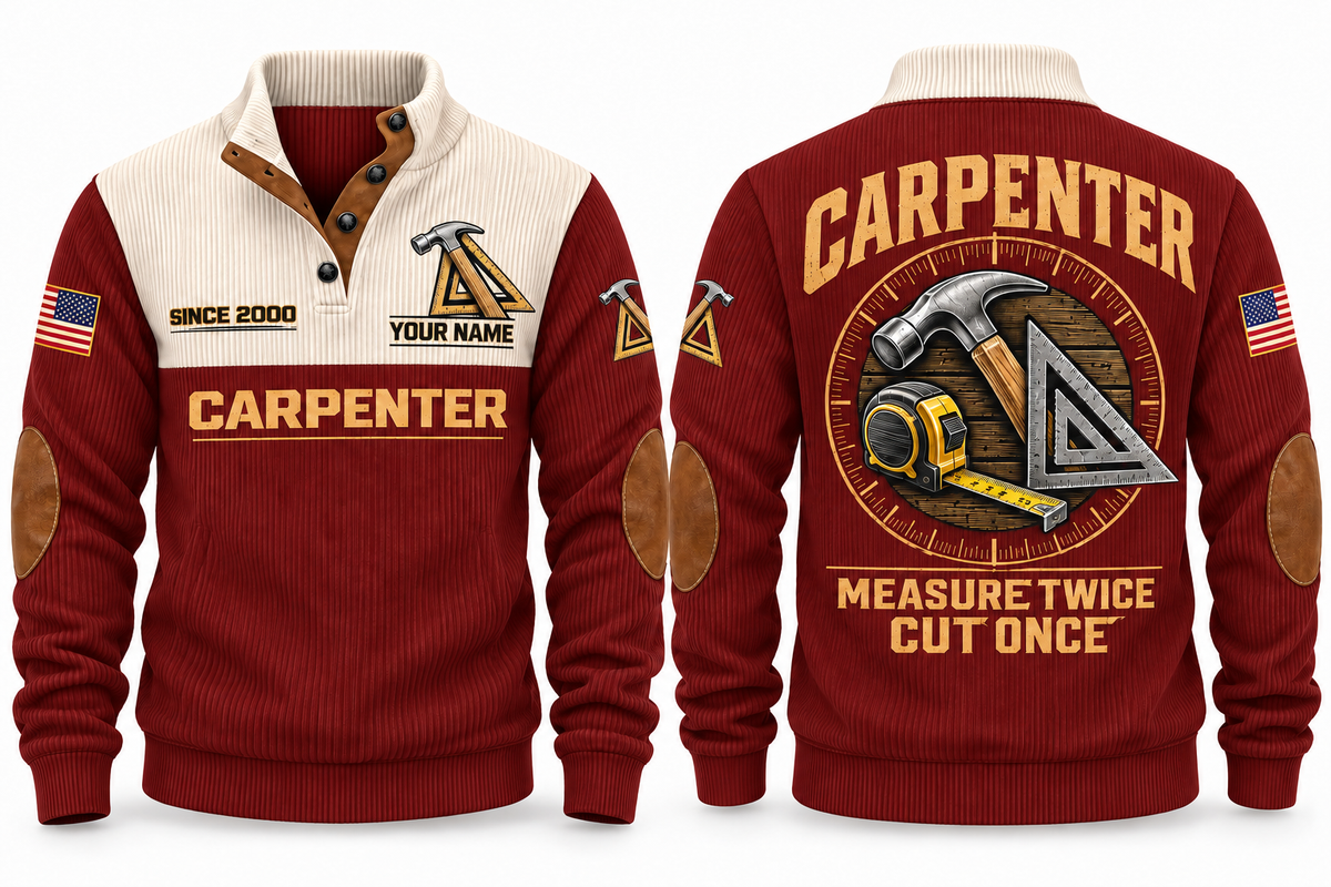 Carpenter Measure Twice Sports Sweatshirt in Jujube Red, front and back
