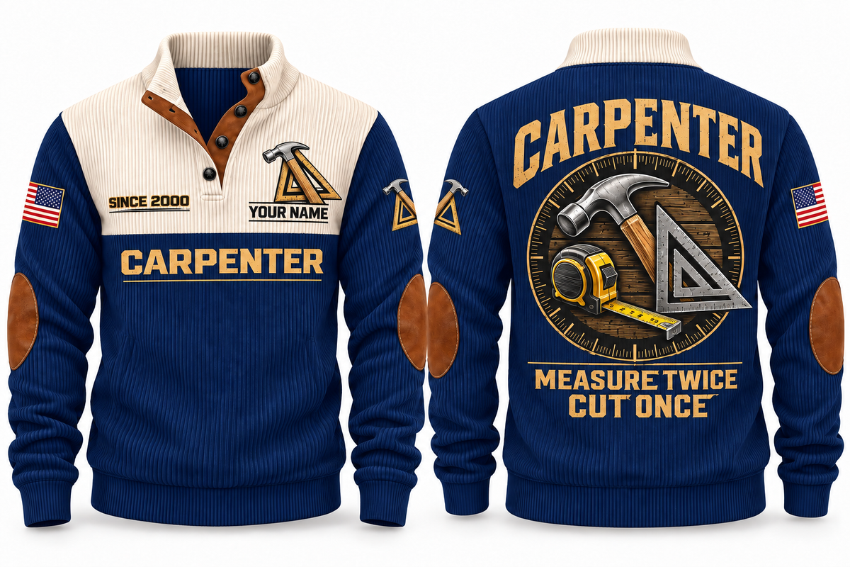 Carpenter Measure Twice Sports Sweatshirt in Navy, front and back