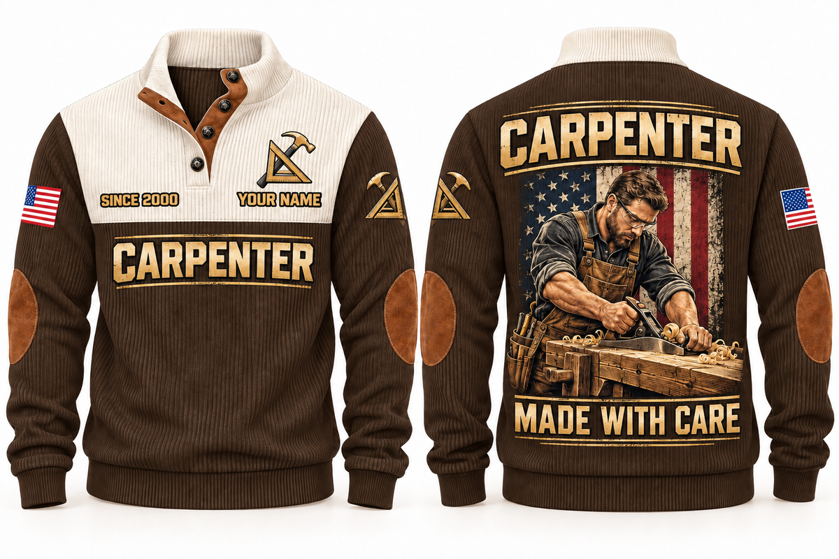 Carpenter Made with Care Sports Sweatshirt in Brown, front and back