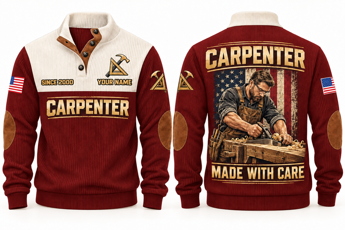 Carpenter Made with Care Sports Sweatshirt in Jujube Red, front and back