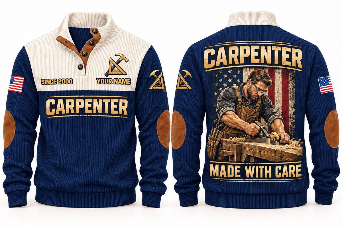 Carpenter Made with Care Sports Sweatshirt in Navy, front and back