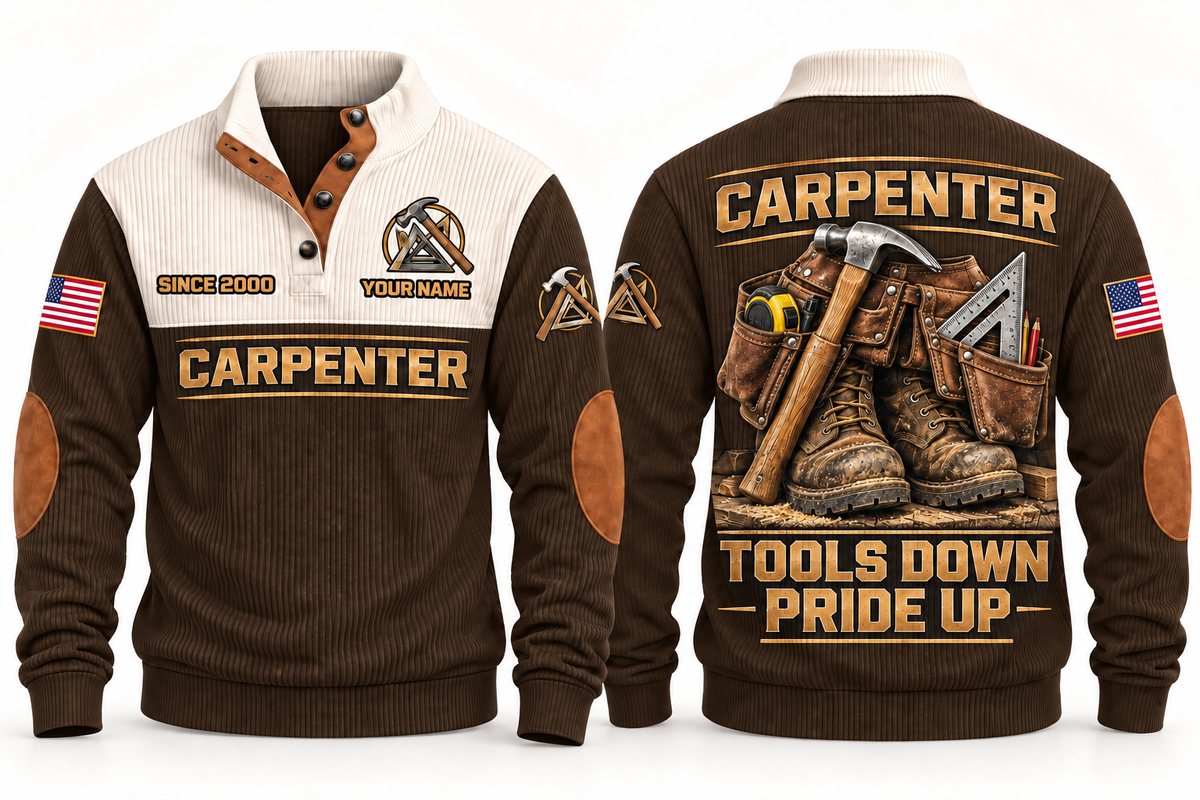 Carpenter Tools Down Pride Up Sports Sweatshirt in Brown, front and back