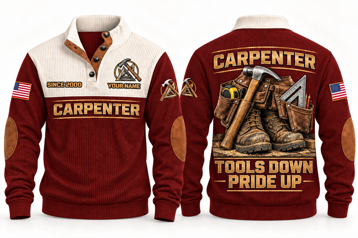 Carpenter Tools Down Pride Up Sports Sweatshirt in Jujube Red, front and back